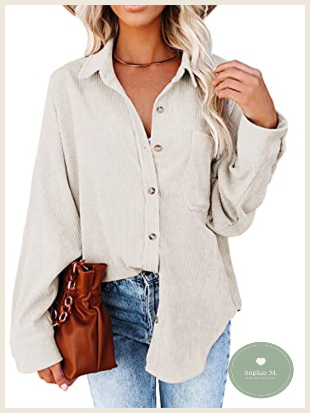 Women's Corduroy Button Down Shirt Long Sleeve V-Neck Blouse Casual